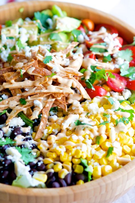 Southwest Chipotle Salad Homemade Tortilla Strips, Chip Salad, Chipotle Salad, Creamy Chipotle Sauce, Southwest Salad, Tortilla Chip, Homemade Tortilla, Tortilla Strips, Easy Salad