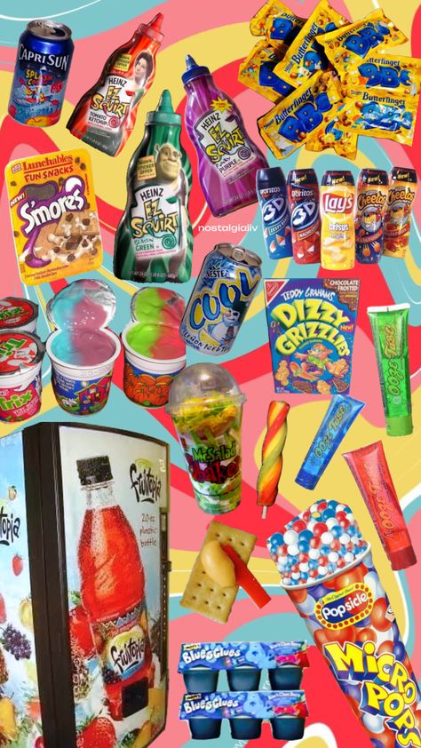 90s and 2000s discontinued foods, Fruitopia, Dizzy Grizzlers, Butterfinger BB's, green ketchup, Itzakadoozie Foods Wallpaper, Green Ketchup, Nostalgia Food, 2000s Food, Discontinued Food, Teddy Grahams, 2000s Nostalgia, Food Wallpaper, Tomato Ketchup