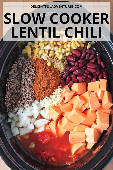 Vegan Crockpot Chili, Vegan Chili Crockpot, Lentil Potato, Lentil Sweet Potato, Vegan Gluten Free Dinner, Vegan Slow Cooker Recipes, Vegan Crockpot Recipes, Potato Chili, Vegan Crockpot