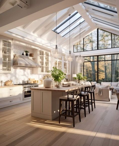 Skylight House, Kitchen With High Ceilings, Countryside Kitchen, Vaulted Ceiling Kitchen, Conservatory Kitchen, Skylight Kitchen, Lodge House, Huge Kitchen, Dream Kitchens Design