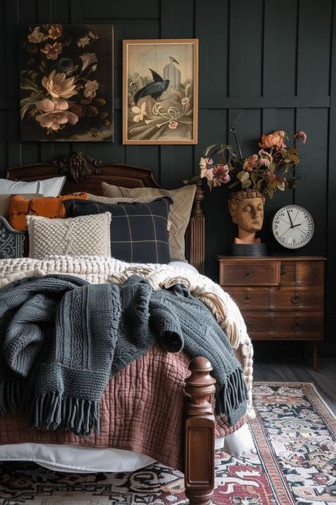 Vintage Charm Meets Modern Mystery: 25 Dark Cottage Core Bedroom Ideas Cottage Living Rooms Vintage, Outlander Bedroom Ideas, Dark Academia Bedspread, Cottage Core Guest Room, Moody Cottage Aesthetic, Cottagecore Master Bedrooms Decor, Moody Cottage Decor, Vintage Cottagecore Aesthetic Bedroom, Witch Cottage Bedroom