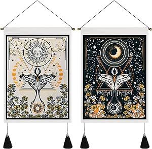 Lyacmy Pack of 2 Tapestry Sun and Moon Tapestry Moth Tapestries Yelllow and Orange Tapestry Flower Vine Tapestry Wall Hanging for Room (13.8 x 19.7 inches) Tapestry Flower, Moth Illustration, Sun And Moon Tapestry, Small Tapestry, Star Tapestry, Moon Moth, Flower Tapestry, Moon Tapestry, Hanging Posters