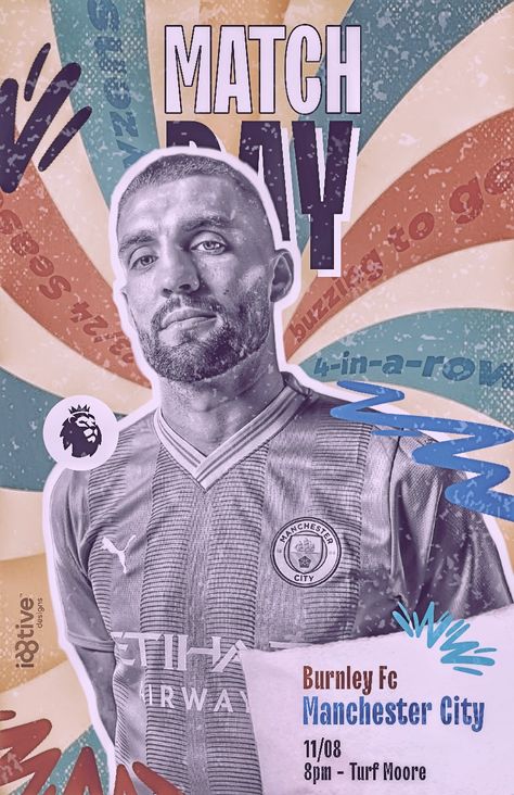 Retro poster design Manchester city football matchday EPL poster flyer feat Kovacic Matchday Poster, Retro Poster Design, Burnley Fc, Sports Posters, Football Poster, Retro Football, City Design, Sport Poster, Graphic Design Tutorials