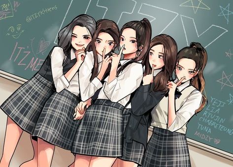 5 Best Friends Drawing, 5 Anime Best Friends, 5 Friends Illustration, Itzy Drawing, Anime Group Of Friends, Cute Friend Poses, Pfp Cartoon, 5 Best Friends, Kpop Anime