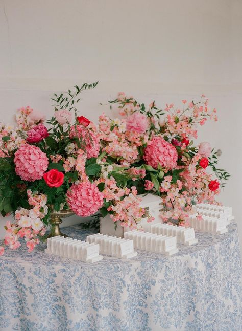 Chinoiserie Inspired Wedding, Pops Of Pink Wedding, Blue And Bright Pink Wedding, Pink And Blue Spring Wedding, Pink Blue Wedding Theme, Pink And Blue Flower Arrangements, Pink Blue Green Wedding, Pink And Blue Wedding Theme, Pink Hydrangea Wedding