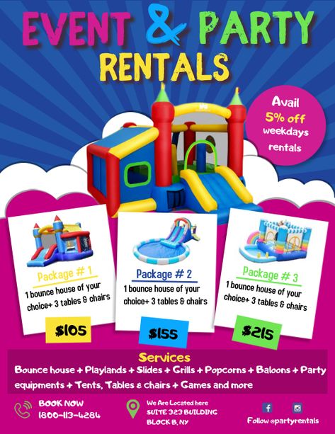 Customizable Design Templates for inflatable castle | PosterMyWall Bounce House Rental Flyer, Inflatable Bounce House Business, Bounce House Business Ideas, Party Rental Business Ideas, Rental Business Ideas, Party Rental Business, Party Rentals Business, Water Slide Bounce House, Water Slide Rentals