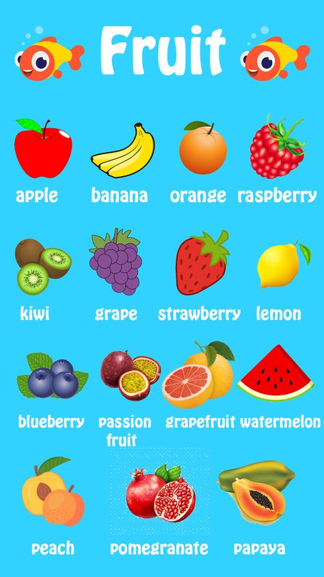 Fruit Vocabulary, Kids Learning Alphabet, Fruits Name In English, Preschool Charts, Basic English Grammar Book, Teach English To Kids, English Learning Books, English Activities For Kids, Kids Worksheets Preschool