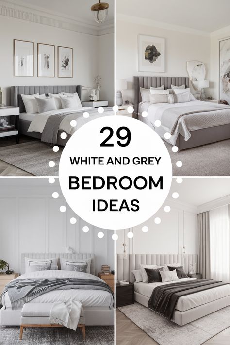 Transform your bedroom with white and grey bedroom ideas. Explore the white and grey bedroom aesthetic with crisp white bedding, soft grey walls, and sleek furniture. Discover inspiration for white headboards with grey accents, charcoal throw pillows, and minimalist artwork. Create a cozy and sophisticated space with grey and white patterned curtains, plush grey area rugs, and metallic silver decor. Bedroom Ideas With Grey Carpet, Bedroom Grey And White, Grey And White Bedroom Ideas Aesthetic, Grey Tufted Headboard Bedroom, Light Grey Walls Bedroom, Bedroom Grey Bed, Grey Bed Bedroom Ideas, Grey Bedroom Ideas With Pop Of Color, Gray And White Bedroom Ideas