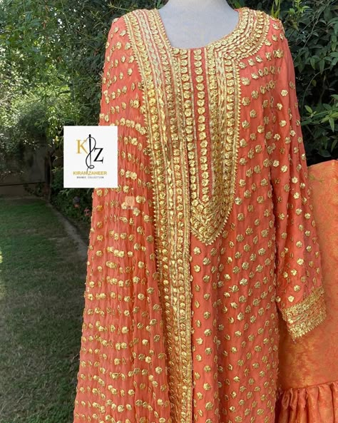 Kinari Work Suits, Gota Work Kurti, Gotta Work Dresses, Gota Work Dress, Recipes Pakistani, Bridal Suits Punjabi, Shadi Dress, Casual Bridal Dress, Kurti Neck Design