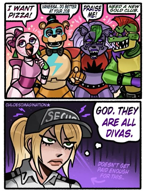 The FNAF Glamrocks truly are popstars.. #fnaf Fnaf Story, Fnaf Afton Family, Funny Fnaf, Disney Character Drawing, Fnaf Oc, Animatronic Fnaf, Steven Universe Gem, Fnaf Movie, Fnaf Fanart