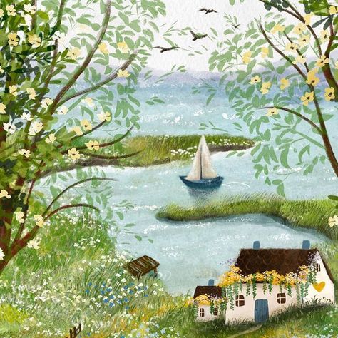 Laivi Põder on Instagram: "Days are finally getting warmer and brighter, spring is just around the corner!🌿  Happy Sunday friends☀️" Cottagecore Prints, Happy Sunday Friends, Sunday Friends, Naive Illustration, Storybook Art, Summer Illustration, Whimsical Paintings, Diy Watercolor Painting, Fairytale Illustration