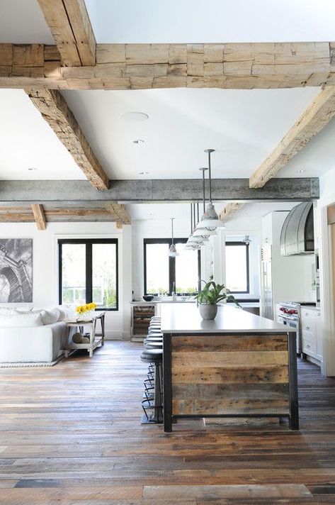 Modern Farmhouse Reclaimed Wood Ceiling Beams, Kitchen Island and Floor #kitchen #kitchendecor #kitchendecorideas #kitchendecorating #kitchendecoratingideas #farmhousekitchen #modernfarmhousekitchen #modernfarmhouse #farmhouse #farmhousedecor #reclaimed #reclaimedwood #reclaimedfurnitureideas #reclaimedwoodprojects #reclaimedwoodfurniture Reclaimed Wood Ideas, Reclaimed Wood Beams Ceiling, Beams Kitchen, Reclaimed Wood Bedroom, Wood Ceiling Beams, Rustic Industrial Kitchen, Floor Options, Reclaimed Wood Ceiling, Reclaimed Wood Kitchen