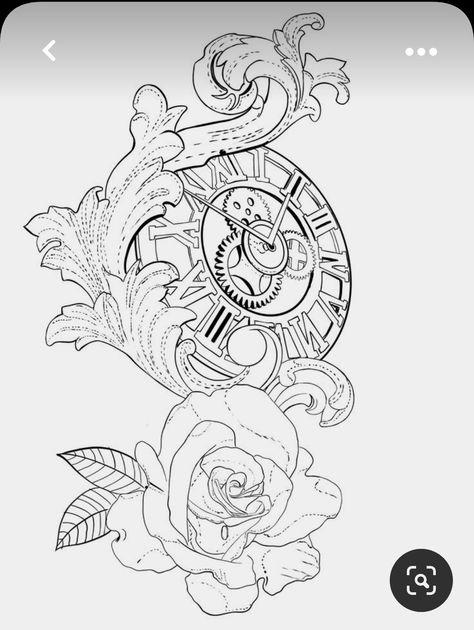 Clock Tattoo Drawing, Clock Tattoo Stencil, Clock And Rose Tattoo, Rose Tattoo Stencil, Half Sleeve Tattoo Stencils, Watch Tattoo Design, Rose Drawing Tattoo, Filigree Tattoo, On Tattoo