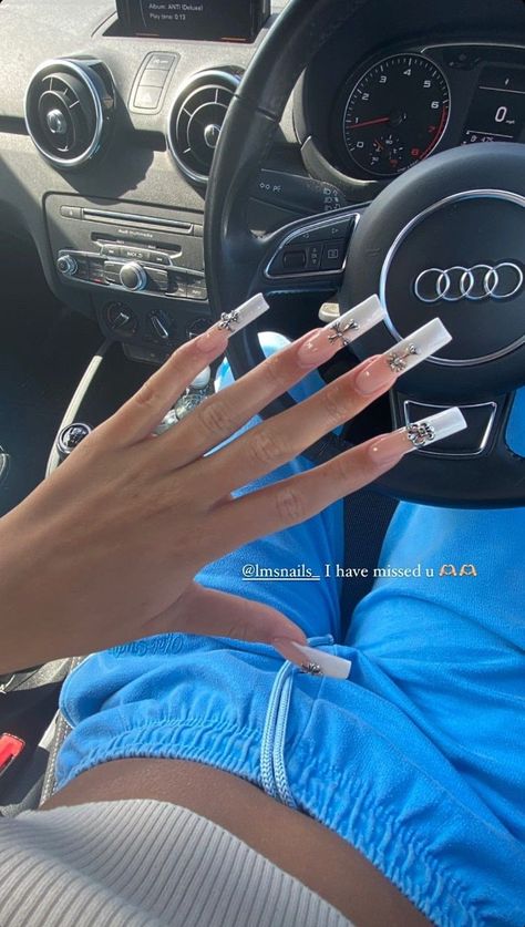 Long Chrome Heart Nails, Cross Gem Nails Acrylic, French Tip Acrylic Nails With Cross, Acrylic Nails Coffin Chrome, Chrome Cross Nails Designs, Chrome Hearts French Tip Nails, French Nails With Cross Charm, Long Nail Set Ideas, Chrom Heart Cross Nails