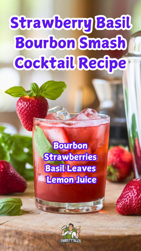 "Discover the refreshing Strawberry Basil Bourbon Smash Cocktail Recipe, a 
perfect blend of summer flavors! This delightful Strawberry Basil Cocktail 
combines fresh strawberries and aromatic basil for a unique twist on 
classic bourbon drinks. Ideal for warm days, this Bourbon Smash Recipe is 
one of the best summer cocktails to impress your guests. Enjoy the vibrant 
taste of fresh fruit cocktails with this easy bourbon recipe that 
highlights basil-infused drinks. Cheers to a delicious summer!" Strawberry Basil Cocktail, Bourbon Smash Cocktail, Fresh Fruit Cocktails, Whiskey Cocktail Recipes, Basil Cocktail, Infused Drinks, Bourbon Smash, Yummy Summer Drinks, Cocktail Recipes Whiskey