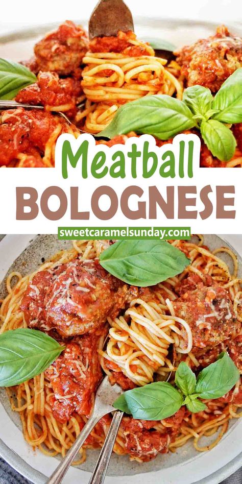 Fork being twirled in grey bowl of meatball bolognese with basil leaves and text written between 2 images. Spaghetti Bolognese Meatballs, Meatball Bolognese Spaghetti, Best Spaghetti Sauce Homemade Italian Meatballs, Authentic Spaghetti And Meatballs, Authentic Italian Spaghetti And Meatballs, Spagetti And Meatball Recipes Videos, Creamy Pesto Pasta, Bolognese Sauce Recipe, Meatball Dinner