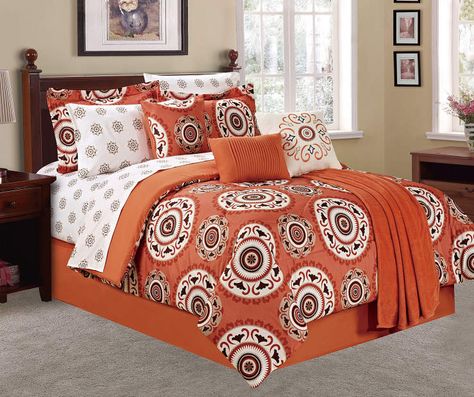 Living Colors Suzani Paprika & Cream 12-Piece Comforter Sets at Big Lots. Burnt Orange Comforter Bedroom, Orange Comforter Bedroom, Burnt Orange Comforter, Affordable Bedding Sets, Living Colors, Colorful Comforter, Red Backdrop, Bed Liner, Luxury Bedding Collections