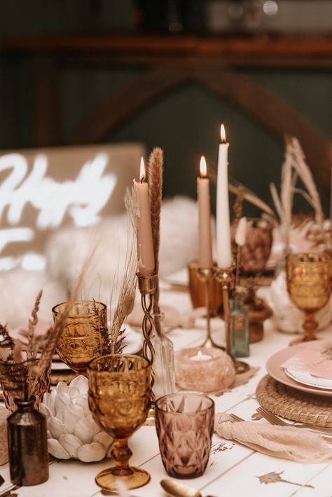 Pink and Amber Wedding Table Decor for Boho Style Wedding Boho Desert Wedding Table Decor, Wedding Table Inspo Boho, Rust And Blush Wedding Table Decor, Pink And Amber Wedding, Gold And Amber Wedding Table, Rose Petal Centerpiece Wedding Ideas, Copper And Blush Wedding, Cinnamon Rose Wedding Decor, Rusty Pink Wedding