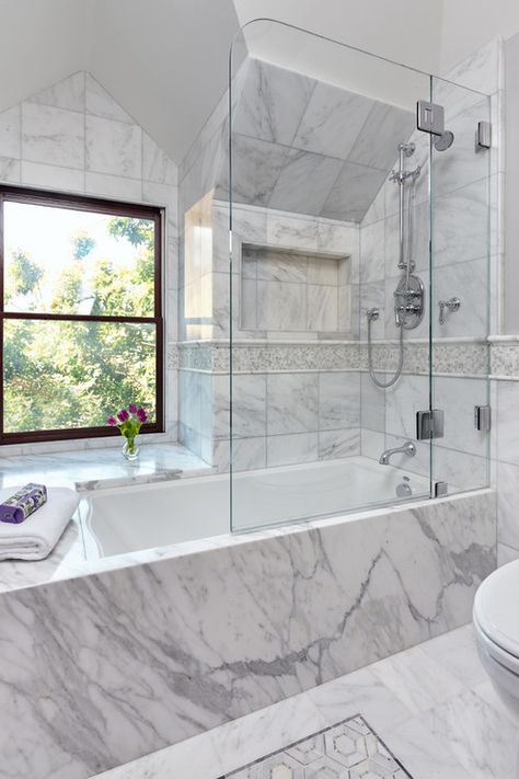 Bathtub vs. Shower, Which is Perfect for Your Bathroom? | Plan n Design Built In Shower Seat, Tub Shower Combo Remodel, Bathtub Designs, Marble Shower Walls, Bathtub Shower Combo, Glam Bathroom, White Marble Bathrooms, Master Bath Shower, Bathroom Plan