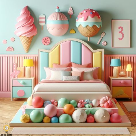 Ice Cream-Shaped Bed Ice Cream Room Decor, Ice Cream Themed Bedroom, Ice Cream Bedroom, Cream Bedroom, Cream Room, Ice Cream Theme, Bedroom Themes, Girl Room, Girls Bedroom