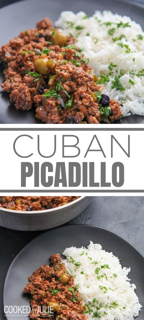 Picadillo is a delicious recipe that is super easy to make. Made with ground beef, spices, tons of garlic, and olives. #picadillo #cubanpicadillo #cookedbyjulie #cubanrecipes Cuban Beef Picadillo, Cuban Picadillo Recipe, Piccadilly Recipe, Picadillo Recipe Cuban, Picadillo Cubano, Authentic Cuban Picadillo Recipe, Picadillo Cubano Receta, Cuban Picadillo, Picadillo Recipe