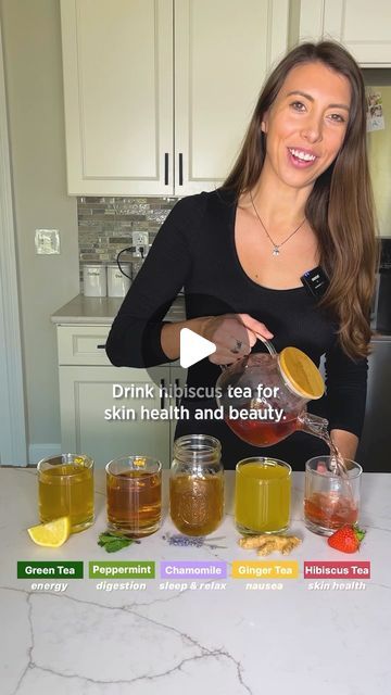 Amanda (Meixner) Rocchio on Instagram: "The healthiest teas in the world 🍵 Which one is your favorite?

🌱 Green tea contains caffeine,  L-theanine & antioxidants perfect for energy & overall health. 

💚  Peppermint has been shown to help with overall digestion.

💜 Chamomile tea is great to drink at night to help with overall sleep quality & promote relaxation.

💛 Ginger tea is known to help with nausea and also help lower inflammation.

❤️ Hibiscus tea is great for support overall skin health & beauty.

#tea #healthydrinks #teabenefit #healthyeating #healthylifestyle #nutritiontips" Help With Nausea, Clean Eating Guide, Lower Inflammation, L Theanine, Tea Health Benefits, Healthy Food Facts, Impressive Recipes, Smoothie Diet Plans, Healthy Teas