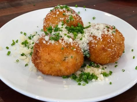 Sausage and Parmesan Arancini Recipe | Geoffrey Zakarian | Food Network Eden Grinshpan, Chocolate Rum Balls, Chimichurri Sauce Recipe, Alex Guarnaschelli, Arancini Recipe, Sausage Marinara, Geoffrey Zakarian, Sunny Anderson, Buttered Vegetables