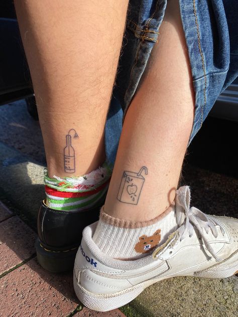 Juice Box Tattoo Simple, Apple Juice Box Tattoo, Soju Tattoo, Coke Can Tattoo, Apple Juice Tattoo, Orange Juice Box Tattoo, Juice Tattoo, Object Tattoos, Juicebox Tattoo