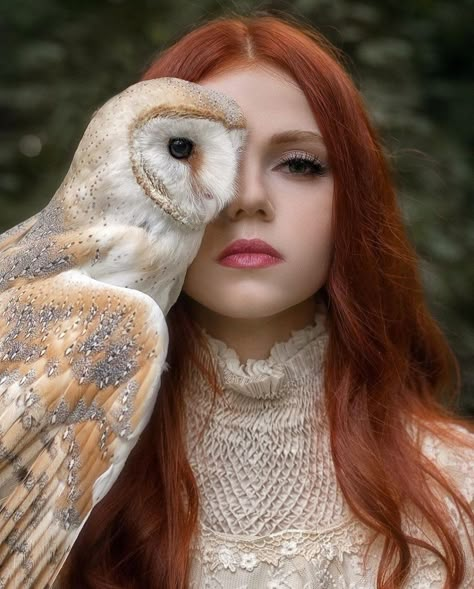 Owl Portrait Photography, Pose Reference With Bird, Bird Photoshoot, Owl Person, Owl Woman, Bird Woman, Animal Photoshoot, Bird Girl, Fairytale Photography