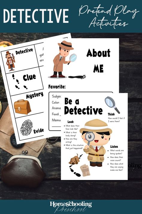 Detective Pretend Play Activities - Homeschooling Preschool Spy Dramatic Play, Detective Crafts Preschool, Preschool Detective Activities, Detective Activities For Kids, Detective Game Free Printables, Di Detective Theme, Detective Dti Theme, Detective Crafts, Pretend Play Activities