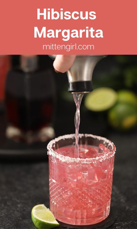 The sweetness of tequila and the tartness of dried hibiscus flowers pair up for these delicious, 4 ingredient hibiscus margaritas. Hibiscus can be used to craft so many delicious drinks besides teas! These refreshing margaritas get their flavor and color from homemade hibiscus simple syrup. #summerdrinks #alcoholicdrinks Hibiscus Margarita, Hibiscus Cocktail, Hibiscus Syrup, Spiked Lemonade, Homemade Margaritas, Dried Hibiscus Flowers, Easy Cocktail, Tequila Drinks, Fruity Drinks