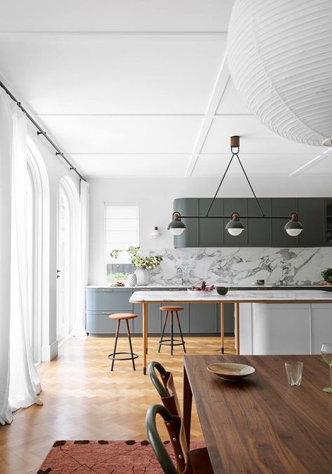 Marble Benchtop, Parquetry Floor, Bungalow Interior, California Bungalow, Bungalow Renovation, Custom Benches, Walnut Dining Table, Hall Design, Grey Cabinets