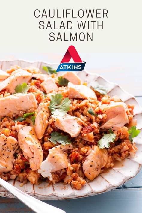 Need some weeknight dinner inspiration? This filling cauliflower salmon dish takes less than 30 minutes to make. Explore this and 1,800 #lowcarb and #keto recipes at www.atkins.com/recipes Atkins Recipes Phase 1, Atkins Meals, Salmon Cauliflower, Adkins Recipes, Atkins 20, Adkins Diet, Salad With Salmon, Atkins Diet Recipes Phase 1, Fall Challenge