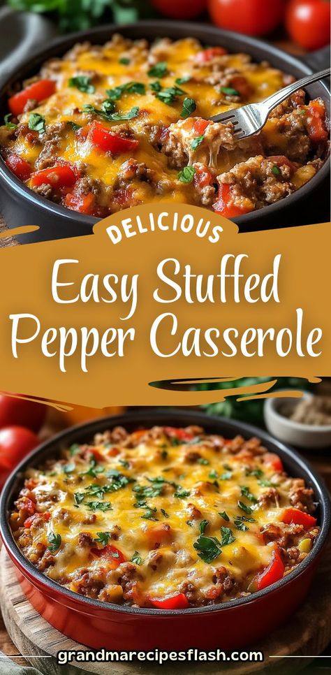 Whip up this Easy Stuffed Pepper Casserole tonight! Packed with tender bell peppers, seasoned meat, and gooey cheese, it's a hearty and family-friendly dinner perfect for busy nights Meat Casserole Recipes For Dinner, Bell Pepper Dinner Recipes, Cooked Bell Pepper Recipes, Keto Recipes Family Friendly, Easy Stuffed Bell Peppers Casserole, Easy To Make Casseroles Dinners, Ground Beef And Peppers Recipe Dinners, Flavorful Stuffed Bell Peppers, Stuffed Bell Peppers Ground Beef And Rice Casserole