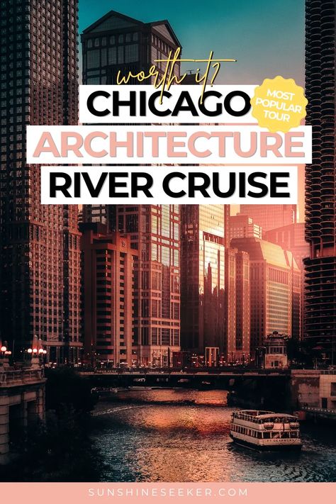 Don't miss this architectural river cruise while in Chicago. It was my favorite tour in Chicago. Learn about the Windy City's beautiful architecture and see it all from a unique perspective. Best Chicago tour. Best Chicago River Cruise. Chicago River Cruise, Must See Chicago, Chicago Architecture Boat Tour, River Walk Chicago, River North Chicago Restaurant, Best River Cruises, Night Architecture, Marina City, Chicago Tours