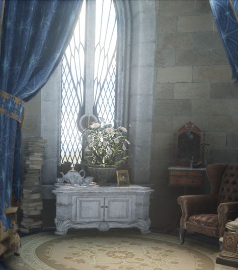 Ravenclaw Dorm Aesthetic, Ravenclaw Common Room Bedrooms, Ravenclaw Bedroom Aesthetic, Ravenclaw Bedroom, Ravenclaw Room, Hogwarts Bedroom, Ravenclaw Common Room, Teal Rooms, Castle Bedroom