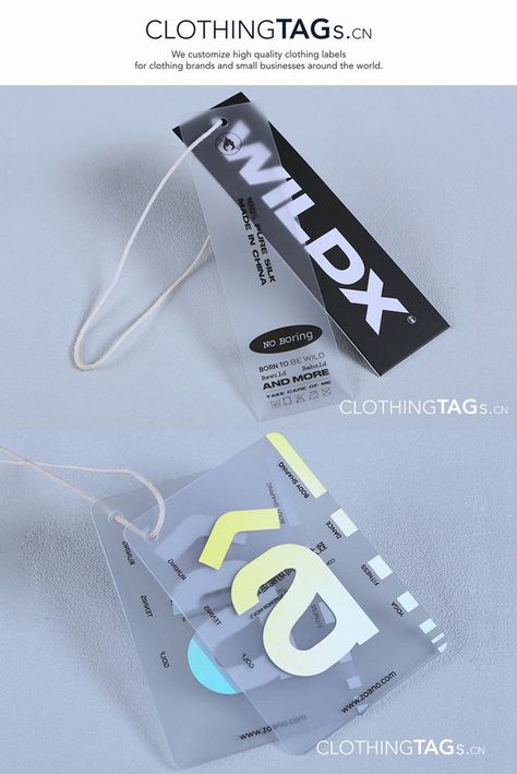 Custom printed clear plastic hang tags for your clothing. Transparent, frosted, or translucent? Personalize plastic hang tag, add a unique design to your brand and make your brand stand out. Clear plastic hang tags can create a layered effect and are a popular hang tag option for many high-end brands. We offer all plastic hang tag options to match your apparel design. You can print any unique logo color, even a luxurious gold color. Mail: Info@ClothingTags.cn Denim Jeans Ideas, Clothing Labels Design, Hang Tags Clothing, Hang Tag Design, Luxury Clothing Brands, Clothing Packaging, Ticket Design, Id Design, Unique Packaging