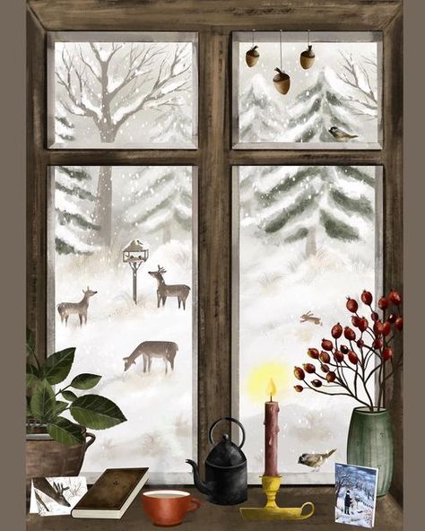 Winter Through The Window, Winter Forest Cabin Art, Painted Window Christmas Scenes, Winter View From Window, Winter Cabin Illustration, Cute Winter Art, Snow Scenes Winter Landscape, Winter Window Art, Winter Illustration Art