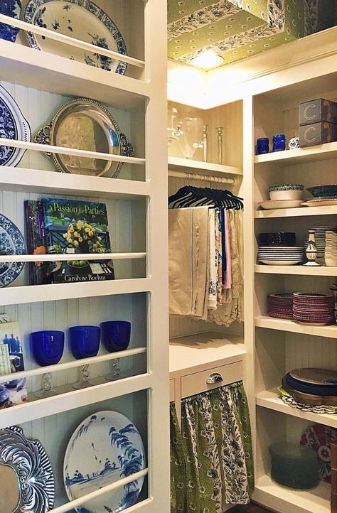 Closets Without Doors, Dish Room, Curtains Green, Supply Room, Pantry Laundry Room, China Storage, White Kitchen Decor, Butler's Pantry, Pantry Design