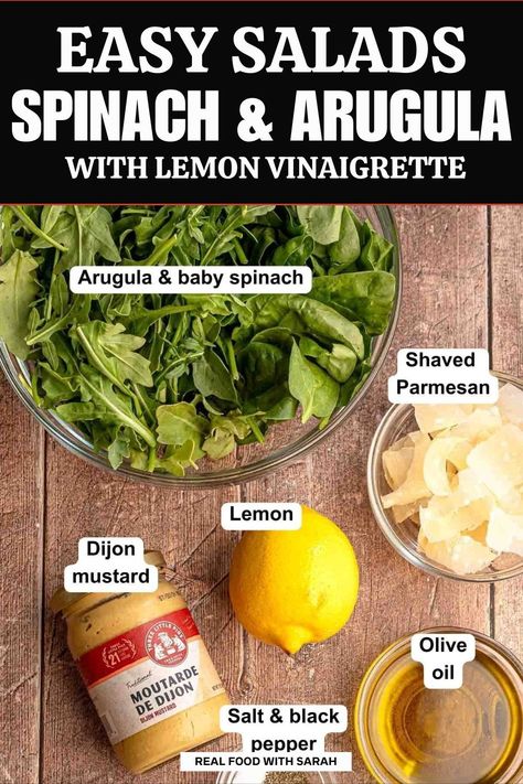 This easy Spinach and Arugula Salad is bursting with fresh flavors from leafy greens and shaved parmesan. Topped with a zesty lemon vinaigrette, this light and healthy salad makes the perfect side dish or quick meal. Customize it with your favorite toppings, and pair it with proteins like shrimp, chicken, or salmon. Ready in minutes, it’s a fresh, simple option for busy days or a refreshing complement to any dinner. Keto Arugula Recipes, Lemony Arugula Salad, Arugula And Spinach Salad, Arugula Chicken Salad, Easy Arugula Salad Recipes, Spinach Recipes Salad, Recipe With Fresh Spinach, Chicken And Spinach Salad, Chicken Arugula Salad