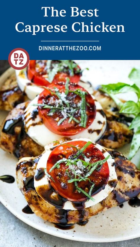 This recipe for chicken caprese is grilled seasoned chicken, topped with fresh mozzarella, ripe tomatoes, basil and balsamic reduction. Grilled Chicken Caprese, Homemaker Recipes, Chicken Caprese Recipe, Caprese Recipe, Chicken Caprese, Quick Soup, Quick Pasta, Caprese Chicken, Weeknight Dinner Recipes Easy