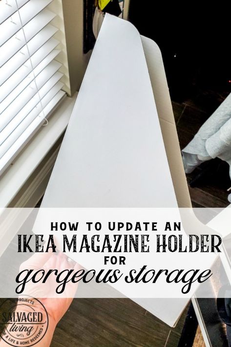 This IKEA hack will show you how to update an IKEA magazine holder into gorgeous storage for your home or office on a tight budget. Pretty organization quick and easy! #ikeahack #kiea #organzation #budgetdecor #budgetorganization #officedecor #homestorage #decoupageideas Ikea Magazine Holder Hack, Ikea Magazine Holder, Repurpose Magazine Holder, Diy Bathroom Magazine Holder, Ways To Use Magazine Holders, Magazine Holders Repurpose, Magazine Holder Ideas, Magazine Holders Diy Upcycle, Magazine Holders Diy