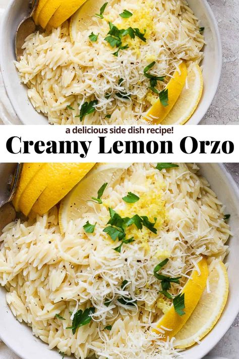 A light and fresh Lemon Orzo recipe is the perfect side dish to almost any meal! Creamy and delicious with the the brightness of lemon! #lemonorzo #lemonorzosoup #lemonorzopasta #lemonorzochicken Lemon Orzo Soup, Cheesy Orzo, Lemon Orzo Salad, Orzo Dishes, Orzo Recipe, Family Dinner Night, Lemon Orzo, Lemon Butter Chicken, Orzo Soup