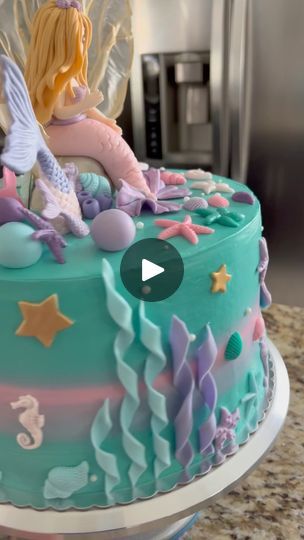 Under the Sea Mermaid Cake! Handmade gum paste/fondant Mermaid and cake decorations (all edible). | By Blanca's CreationsFacebook Simple Under The Sea Cake, Simple Mermaid Cake, 2024 Cake, Sea Cakes, Sea Mermaid, Mermaid Cakes, Fondant Cake, Gum Paste, Under The Sea