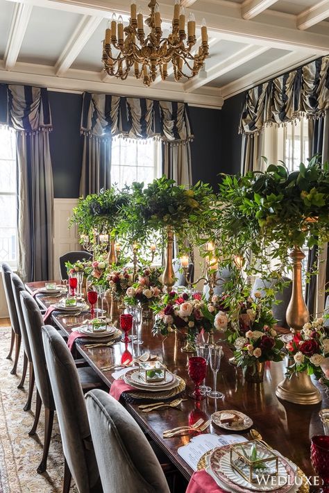 Crhitsmas Ideas, Creative Tablescapes, Langdon Hall, Deep Red Wedding, Elegant Tablescapes, Gothic Wedding Theme, Greek Garden, Bridal Fair, Greenery Decor