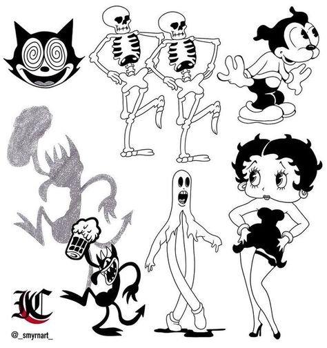 Rubber Hose Style Art Tattoo, Rubberhose Style Tattoo, Ghostmane Drawing, Classic Cartoon Tattoos, Old Disney Tattoos, Rubberhose Tattoo, Rubber Hose Tattoo, Ghostmane Cartoon Tattoo, Old Cartoon Tattoos