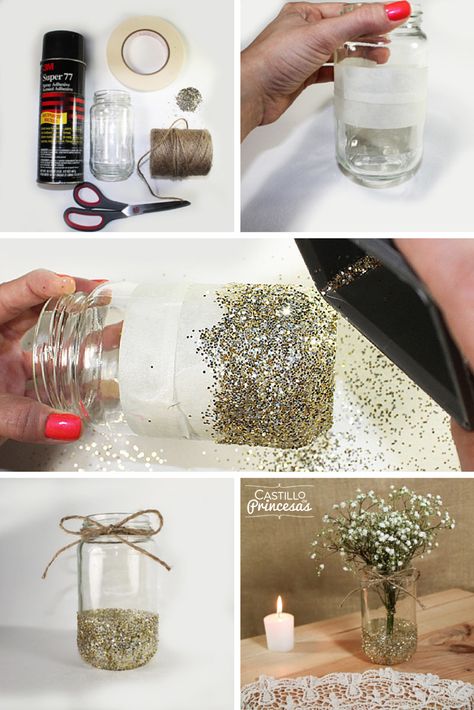 DIY: Haz un florero con un mason jar y escarcha. Perfecto para decoración de bodas o para tu hogar. Diy Wedding Jars, Glitter Mason Jars, Tafel Decor, Jar Decor, Diy Jar Crafts, Mason Jar Crafts Diy, Jar Diy, Mason Jar Diy, Mason Jar Crafts