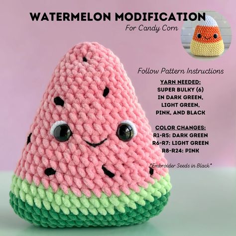 It’s here!! It’s Watermelon time! My Candy Corn pattern has been my most popular pattern since I released it last summer! I updated the patterns on Etsy and Ribblr to now include instructions for both. If you purchased this pattern prior to 4/08/2024, here’s the color changes needed to make your own Watermelon from your candy corn pattern! I also added the mini version of candy corns & watermelons to my shops! #patternmodification #crochetwatermelon #amigurumiplush #kawaiifood #handmade Things To Do With Food Coloring, Crochet Watermelon Plushie, Crochet Food Keychain Pattern Free, Crochet Cotton Candy, Popular Amigurumi, Crochet Watermelon Pattern, Crochet Watermelon Slice Free Pattern, Watermelon Amigurumi, Crochet Watermelon Slice