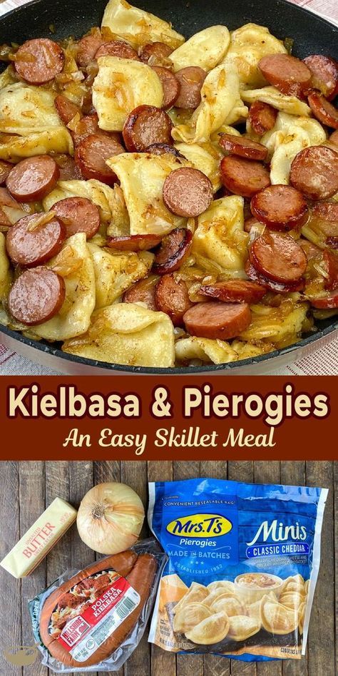 Browned onions in butter make a simple sauce for this easy one skillet meal with Polish origins of Pierogies and Kielbasa. Dinner doesn’t get much better than potato and cheese stuffed mini Pierogi served with warm smoked sausage or Kielbasa! Easy Lazy Dinners, Kielbasa Pierogies Crockpot, Sausage And Pierogies Sheet Pan, Kalbasa And Perogies, Pierogies And Kielbasa Blackstone, Camping Food Ideas Dinner Easy Meals, Keilbasa Perogie Casserole, Kielbasa And Perogies Recipes Crockpot, Kielbasa Dinner Recipes Easy Meals