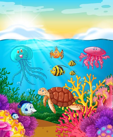 Sea animals swimming under the ocean Under The Sea Poster, Animals Swimming, Animal Design Illustration, Wild Panda, Free Jigsaw Puzzles, Illustration Art Kids, Toddler Coloring Book, Sea Can, Under The Ocean